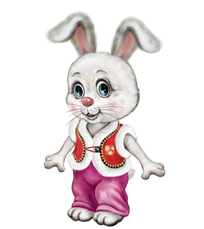 funny bunny in clothes, cartoon animal, fairy tale character, isolated image on a white background