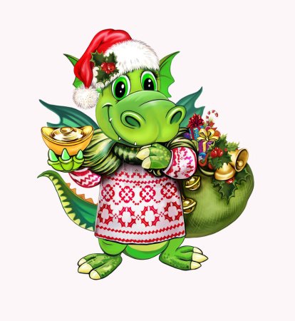 Foto de Divertido dragón de dibujos animados con un lingote de oro, en la ropa de Año Nuevo con una bolsa de regalos, una tarjeta de felicitación Feliz Navidad, un símbolo de 2024, un personaje aislado sobre un fondo blanco - Imagen libre de derechos