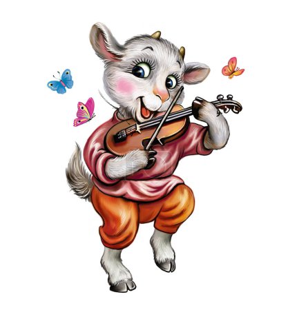 Photo for Funny cartoon goat with violin, fairytale character, isolated character on white background - Royalty Free Image