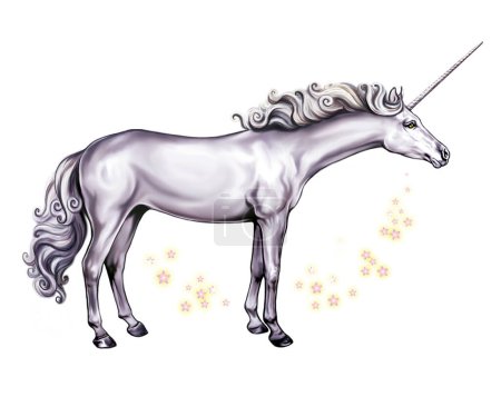 Foto de Unicornio, ilustración en 2D, criatura mágica mítica de cuento de hadas, imagen aislada sobre fondo blanco - Imagen libre de derechos