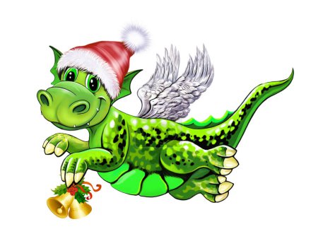 Téléchargez les photos : Drôles de Dragon aux ailes d'ange vole, symbole de 2024 selon le calendrier oriental, Joyeux Noël et Nouvel An carte de voeux, personnage isolé sur un fond blanc - en image libre de droit