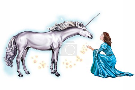 Foto de Chica y unicornio, personajes de cuento de hadas, ilustración para un libro infantil, imagen aislada sobre un fondo blanco, - Imagen libre de derechos