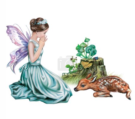 Photo for Forest fairy with a deer, isolated image on a white background, fairy tale characters, illustration for a children's book - Royalty Free Image