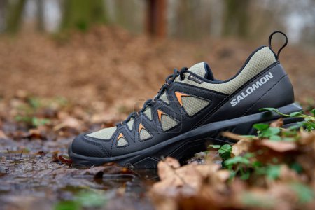 Photo for Salomon X Braze GTX hiking boots with Gore-Tex membrane in water puddle, surrounded by fallen leaves. Sturdy trekking shoes against backdrop of forest terrain. Wroclaw, Poland - March 2, 2024 - Royalty Free Image