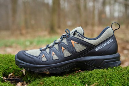 Photo for Salomon X Braze GTX hiking boots with Gore-Tex membrane on vibrant green moss. Trekking shoes in nature. Concept of exploration and outdoor activities - Royalty Free Image