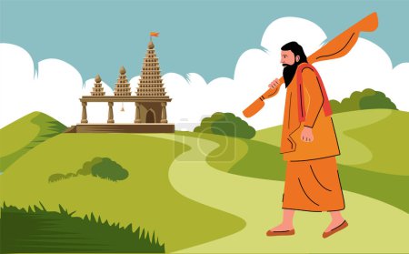 Illustration for Holy man, sadhu walking towards the temple, hindu devotee - Royalty Free Image