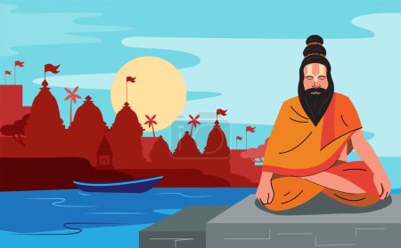 Illustration for Holy man, sadhu sitting and meditating at the varanasi ghat - Royalty Free Image