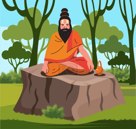 Illustration for Holy man, sadhu meditating in jungle - Royalty Free Image