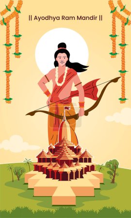 Illustration for Ayodhya ram mandir, ram temple with shri ram, plan vector - Royalty Free Image