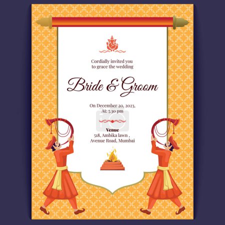 Téléchargez les illustrations : Conception de carte de mariage indienne, modèle d'invitation de mariage - en licence libre de droit