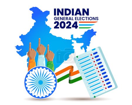 Téléchargez les illustrations : Concept d'élection générale indienne avec doigt de vote encré et drapeau indien et vecteur de machine EVM - en licence libre de droit