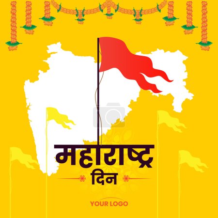 Maharshtra Day Celebration with Maharshtra Map and hindu maratha flag card banner Vector illustration