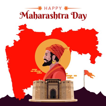 Célébration de la Journée du Maharshtra avec carte Maharshtra et bannière de carte de voeux Shivaji Maharaj Illustration vectorielle