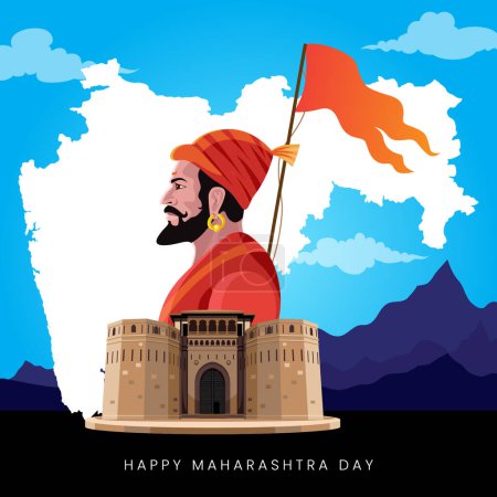 Célébration de la Journée du Maharshtra avec carte Maharshtra et bannière de carte de voeux Shivaji Maharaj Illustration vectorielle