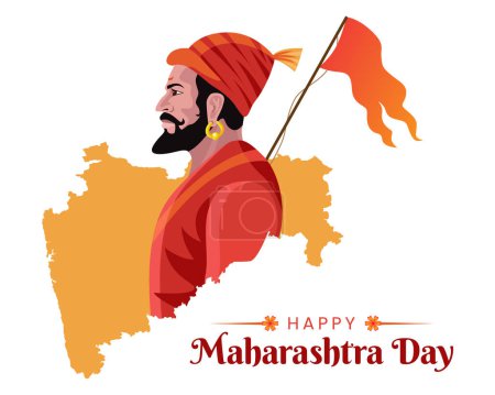 Celebración del Día de Maharshtra con Mapa de Maharshtra y banner de tarjeta de felicitación Shivaji Maharaj Ilustración vectorial
