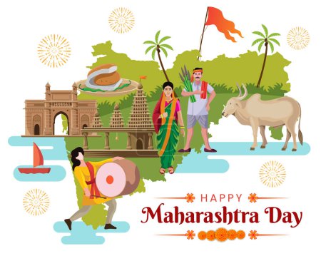 Ilustración de Celebración del Día de Maharshtra con el Mapa de Maharshtra y la bandera de la tarjeta de felicitación de la cultura marathi Ilustración vectorial - Imagen libre de derechos