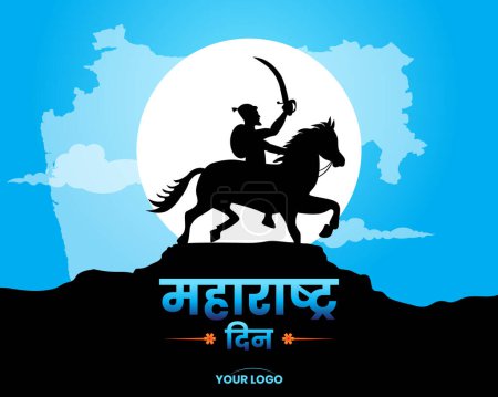 Ilustración de Celebración del día de Maharshtra con mapa de Maharshtra y banner de tarjeta de felicitación Shivaji Maharaj Silhout Ilustración vectorial - Imagen libre de derechos