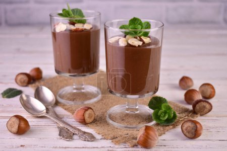 Chocolate mousse pudding with hazelnuts.
