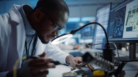 Photo for Modern Electronics Research, Development Facility: Black Male Engineer Does Computer Motherboard Soldering. Scientists Design PCB, Silicon Microchips, Semiconductors. Close-up Shot - Royalty Free Image
