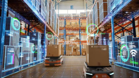 Téléchargez les photos : Future Technology 3D Concept : Automated Retail Warehouse AGV Robots with Infographics Delivering Cardboard Boxes in Distribution Logistics Center. Véhicules guidés automatisés Marchandises, produits, colis - en image libre de droit