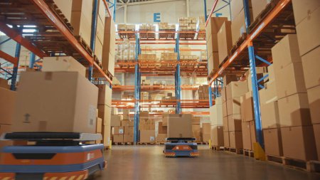Téléchargez les photos : Future Technology 3D Concept : Automated Modern Retail Warehouse AGV Robots Transporting Cardboard Boxes in Distribution Logistics Center. Véhicules guidés automatisés livrant des marchandises, des produits et des colis - en image libre de droit