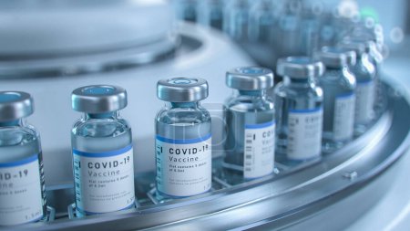 Foto de SARS-COV-2 COVID-19 Coronavirus Producción en Masa de Vacunas en Laboratorio, Botellas con Etiquetas de Marca Avanzan en Cinta Transportadora Farmacéutica en Laboratorio de Investigación. Medicina contra el SRAS-CoV-2. - Imagen libre de derechos