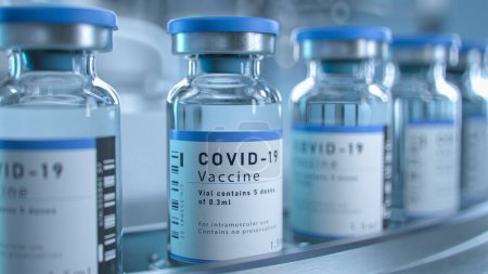 Téléchargez les photos : SRAS-COV-2 COVID-19 Vaccin contre le coronavirus Production en série en laboratoire, des bouteilles portant des étiquettes de marque se déplacent sur une courroie transporteuse pharmaceutique dans un laboratoire de recherche. Médecine contre le SRAS-CoV-2. - en image libre de droit