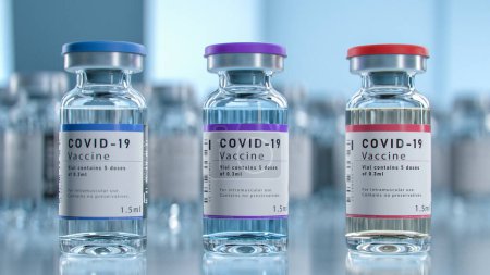 Téléchargez les photos : SRAS-COV-2 COVID-19 Production de vaccins contre le coronavirus en laboratoire, plan rapproché de 3 bouteilles portant des étiquettes de marque se trouvent sur un convoyeur pharmaceutique dans un laboratoire de recherche. Médecine contre le SRAS-CoV-2. - en image libre de droit