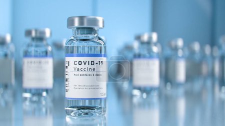 Foto de SARS-COV-2 COVID-19 Coronavirus Producción en Masa de Vacunas en Laboratorio, Botellas con Etiquetas de Marca Avanzan en Cinta Transportadora Farmacéutica en Laboratorio de Investigación. Medicina contra el SRAS-CoV-2. - Imagen libre de derechos