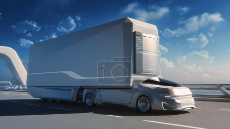 Photo for Futuristic Technology Concept: Autonomous Self-Driving Truck with Cargo Trailer Drives on the Road with Scanning Sensors. 3D Zero-Emissions Electric Lorry Driving Fast on Scenic Highway Bridge. - Royalty Free Image