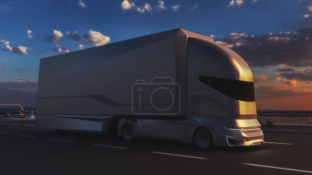 Photo for Futuristic Technology Concept: Autonomous Self-Driving Truck with Cargo Trailer Drives on the Road with Scanning Sensors. 3D Electric Lorry Driving Fast on Scenic Sunset Highway Bridge. - Royalty Free Image