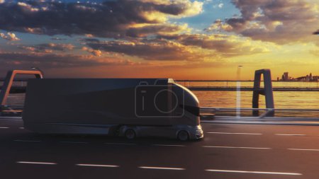 Téléchargez les photos : Concept technologique futuriste : Camion autonome autonome avec remorque sur la route avec capteurs à balayage. Camion électrique 3D conduisant rapidement sur le pont panoramique Sunset Highway. - en image libre de droit