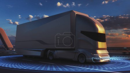 Photo for Futuristic Technology Concept: Autonomous Self-Driving Lorry Truck with Cargo Trailer Drives on the Road with Scanning Sensors. Special Effects of a Vehicle Analyzing Highway on a Sunset Evening. - Royalty Free Image