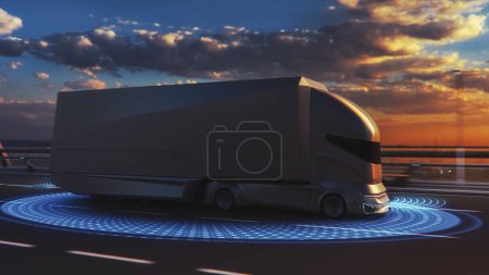 Téléchargez les photos : Concept technologique futuriste : Camion autonome autonome avec remorque sur la route avec capteurs à balayage. Effets spéciaux d'un véhicule analysant la route lors d'une soirée au coucher du soleil. - en image libre de droit
