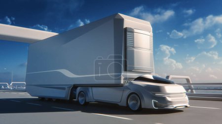 Photo for Futuristic Technology Concept: Autonomous Self-Driving Truck with Cargo Trailer Drives on the Road with Scanning Sensors. 3D Zero-Emissions Electric Lorry Driving Fast on Scenic Highway Bridge. - Royalty Free Image