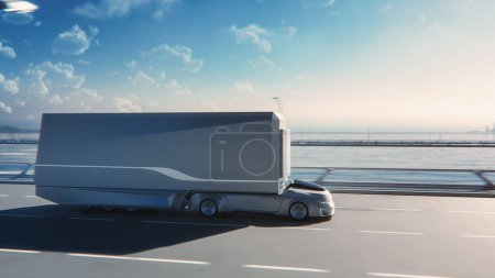 Téléchargez les photos : Concept technologique futuriste : Camion autonome autonome avec remorque sur la route avec capteurs à balayage. Camion électrique à émissions nulles en 3D conduisant rapidement sur un pont routier panoramique. - en image libre de droit