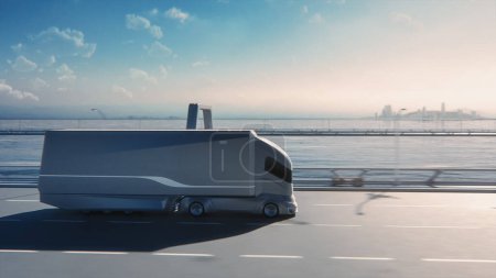 Téléchargez les photos : Concept technologique futuriste : Camion autonome autonome avec remorque sur la route avec capteurs à balayage. Camion électrique à émissions nulles en 3D conduisant rapidement sur un pont routier panoramique. - en image libre de droit