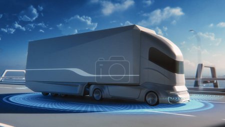 Photo for Futuristic Technology Concept: Autonomous Self-Driving Lorry Truck with Cargo Trailer Drives on the Road with Scanning Sensors. Special Effects of a Zero-Emissions Electric Vehicle Analyzing Freeway. - Royalty Free Image