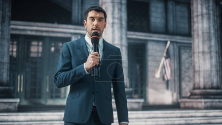 Photo for Anchorman Reporting Breaking News Live Outside an United States of America Parliament, Court or Other Government Building with Columns. Newsreader Delivers Journalistic Program on Television. - Royalty Free Image