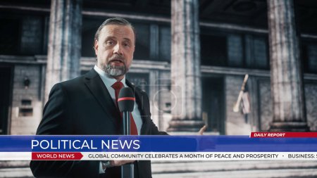 Photo for Anchorman Reporting Breaking News Live Outside an United States of America Parliament, Court or Other Government Building with Columns. Newsreader Delivers Political News on Television. - Royalty Free Image