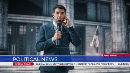 Photo for Anchorman Reporting Breaking News Live Outside an United States of America Parliament, Court or Other Government Building with Columns. Newsreader Delivers Political News on Television. - Royalty Free Image