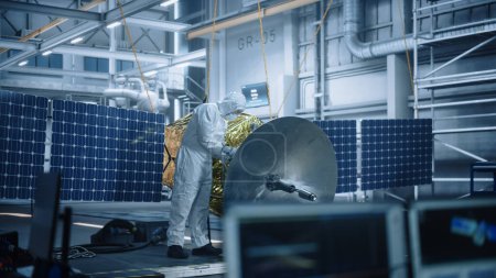 Photo for Engineer in Protective Suit Working on Satellite Construction. Aerospace Agency Manufacturing Facility: Scientists Developing Spacecraft for Space Exploration, Communications, Cosmos Observation - Royalty Free Image