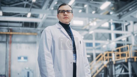 Téléchargez les photos : Portrait d'un ingénieur / travailleur professionnel de l'industrie lourde portant un manteau de laboratoire blanc et des lunettes de sécurité. Spécialiste industriel caucasien confiant debout dans une usine. - en image libre de droit