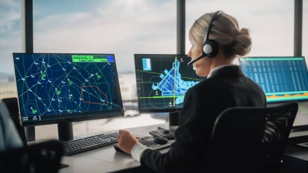 Controlador de tráfico aéreo femenino con auriculares Hablar en una llamada en la torre del aeropuerto. La sala de oficina está llena de pantallas de computadora de escritorio con pantallas de navegación, datos de radar de vuelo de avión para el equipo.