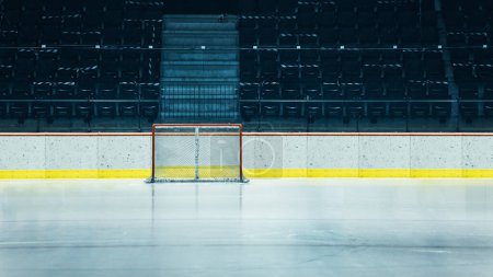 Photo for Shot of an Empty Hockey Goal on Professional Ice Hockey Rink Arena with Turned On Lights. Big Stadium Ready for the Championship to Begin. High Quality Venue Ready to Fit Thousands of Fans. - Royalty Free Image
