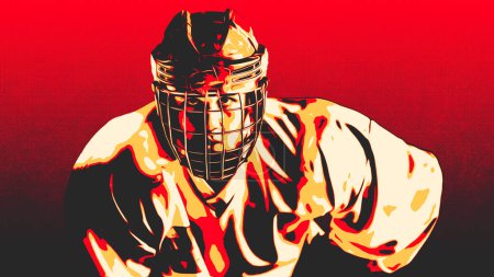 Téléchargez les photos : Affiche photo stylisée du concept d'un vecteur duotone rouge : Portrait d'un joueur de hockey professionnel confiant dans un masque facial en cage métallique, regardant la caméra. - en image libre de droit