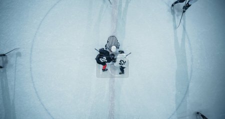 Top View Ice Hockey Rink Arena Game Start: Two Players Face off, Sticks Ready, Referee Ready to Drop the Puck. Intense Game Wide of Competition. Aerial Drone Shot