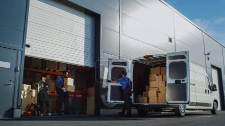 En dehors de l'entrepôt de détaillant logistique avec gestionnaire à l'aide d'un ordinateur tablette, divers travailleurs chargent le camion de livraison avec des boîtes en carton. Commandes en ligne, achats, marchandises de commerce électronique.