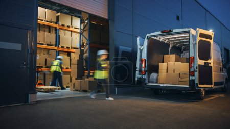 Photo for Outside of Logistics Retailer Warehouse With Manager Using Tablet Computer, Diverse Workers Loading Delivery Truck with Cardboard Boxes. Online Orders, Purchases, E-Commerce Goods. - Royalty Free Image