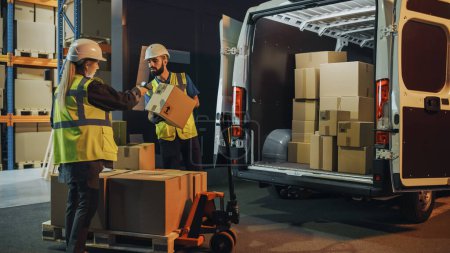 Outside of Logistics Retailer Warehouse With Manager Using Tablet Computer, Diverse Workers Loading Delivery Truck with Cardboard Boxes. Online Orders, Purchases, E-Commerce Goods.